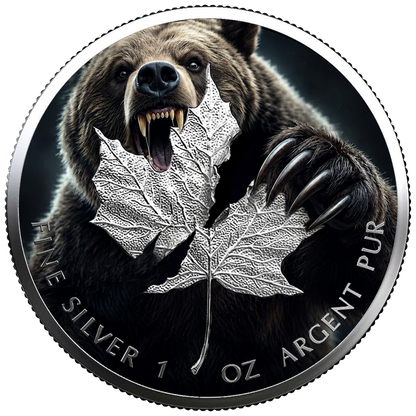 In Stock! 2026 Canada Maple Leaf Grizzly Bear Edition Colorized .9999 Silver Coin