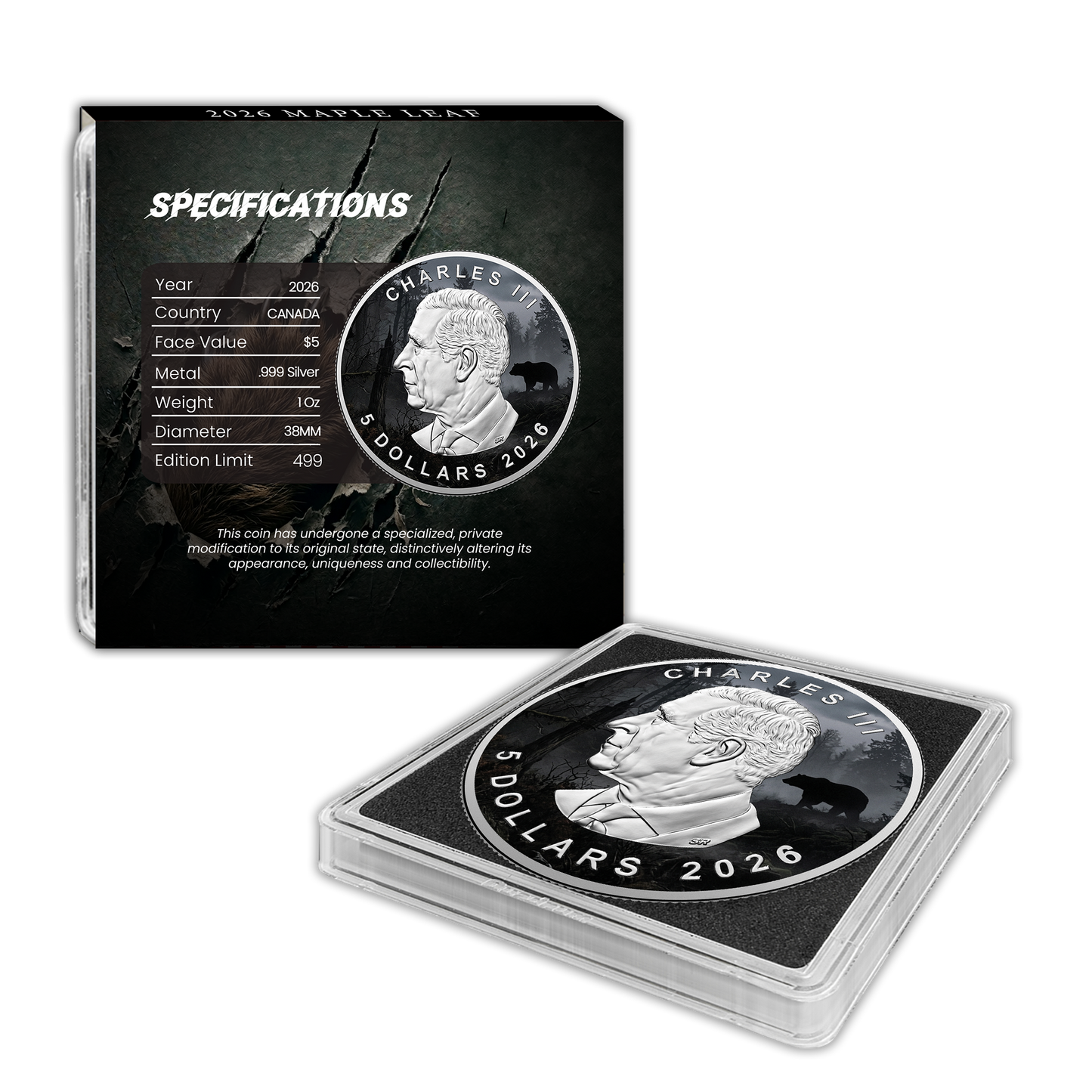 In Stock! 2026 Canada Maple Leaf Grizzly Bear Edition Colorized .9999 Silver Coin