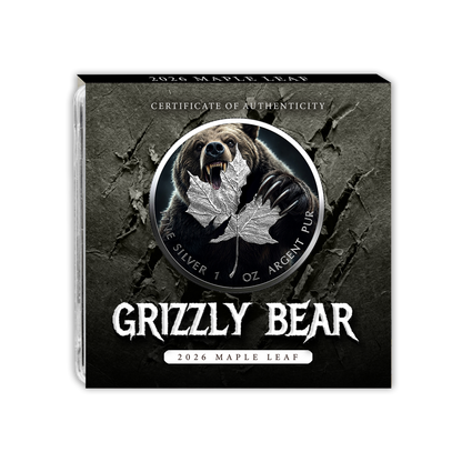 In Stock! 2026 Canada Maple Leaf Grizzly Bear Edition Colorized .9999 Silver Coin