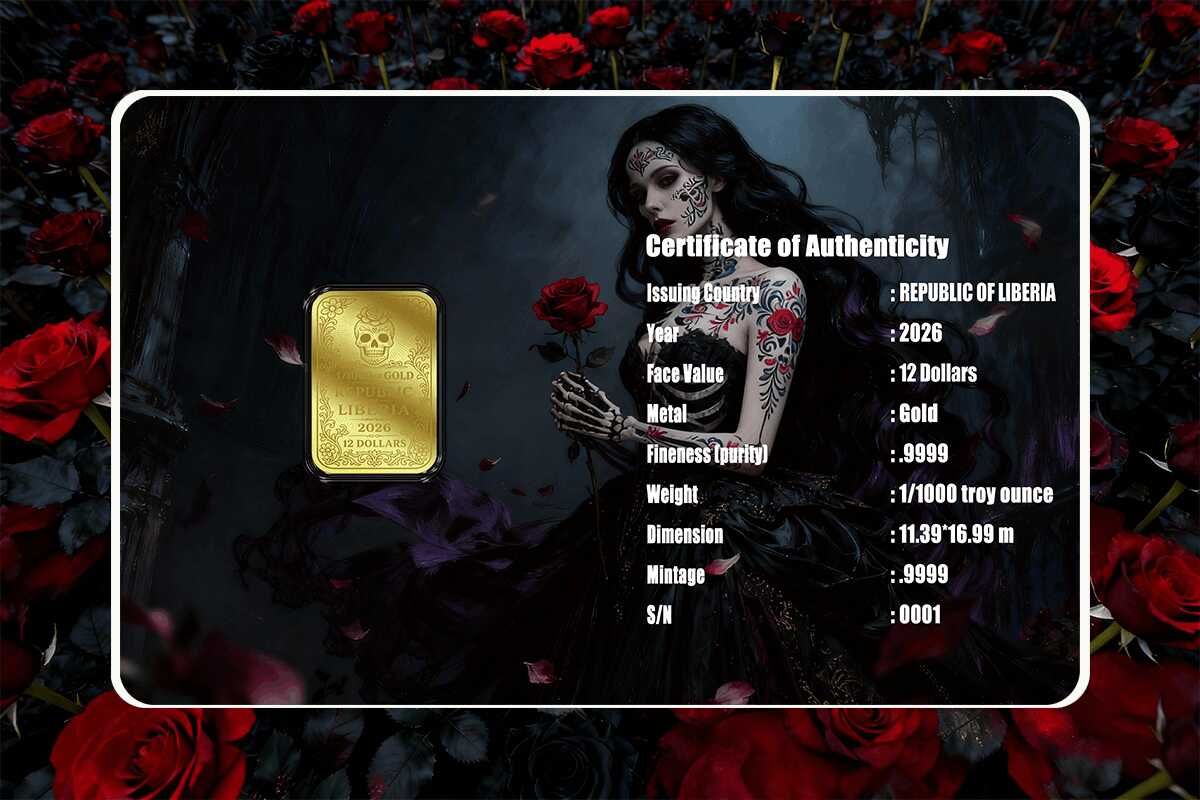 2026 Liberia Dia De Los Muertos Roses 1/1000 oz Gold Coin in Card (02/26)