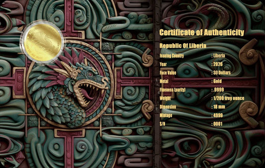 2026 Liberia The Maya Dragon 1/200 oz Gold Coin in Card (02/27)