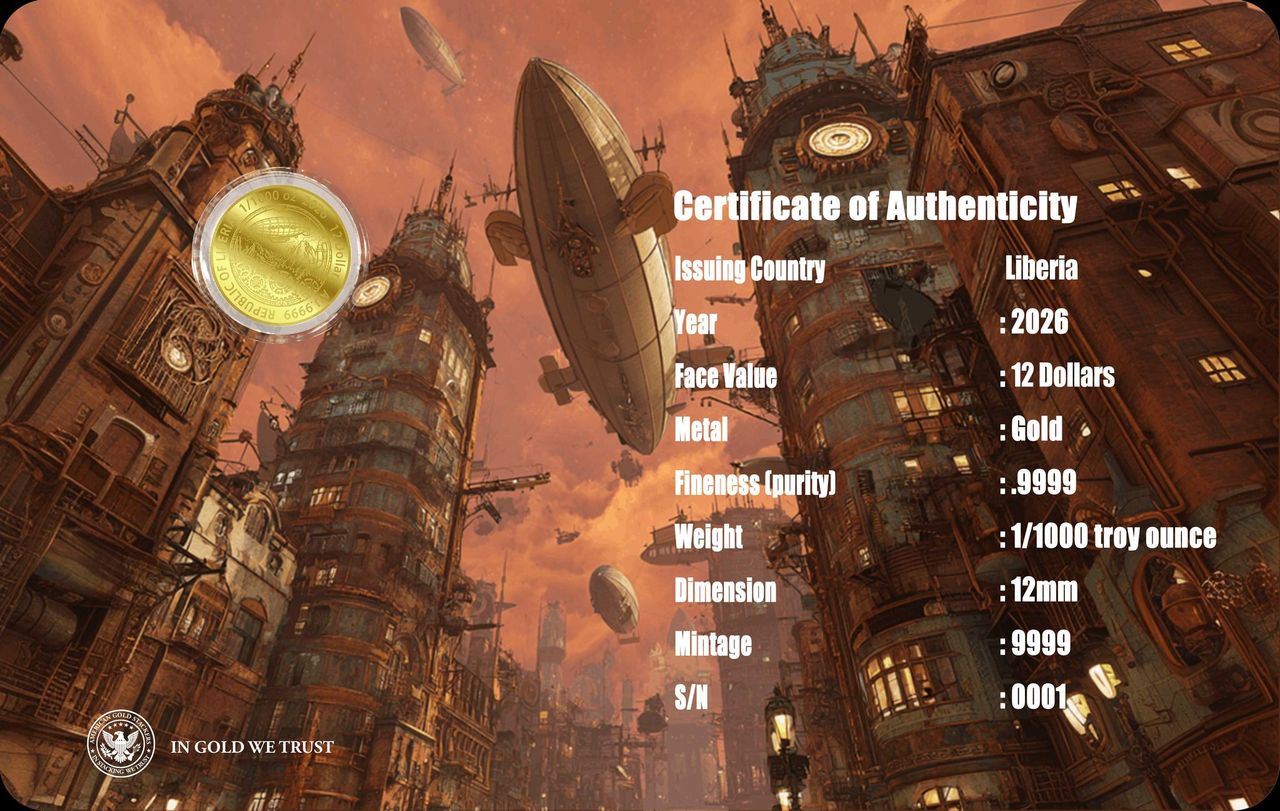 2026 Liberia Steampunk Origin 1/1000 oz Gold Coin in Card (03/02)