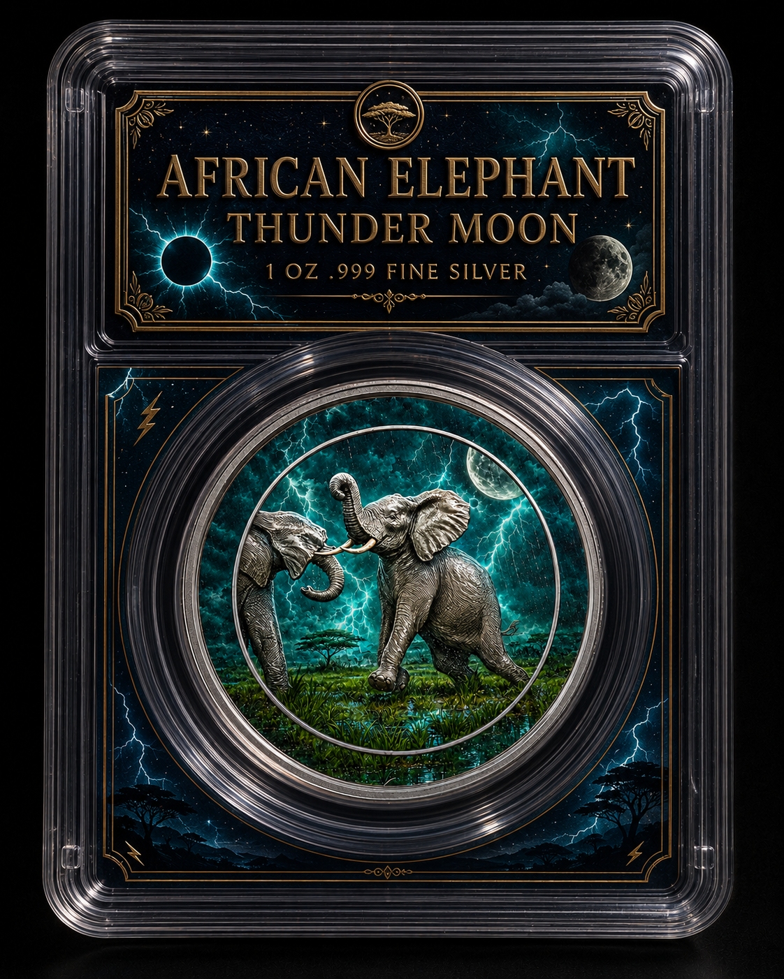 2024 100 Shillings African Wildlife Elephant: Thunder Moon 1oz .999 Fine Silver Colorized Coin