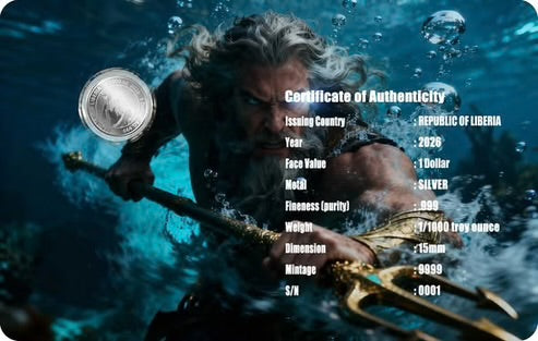 2026 Liberia Poseidon 1/1000 oz .999 Silver Coin in Card