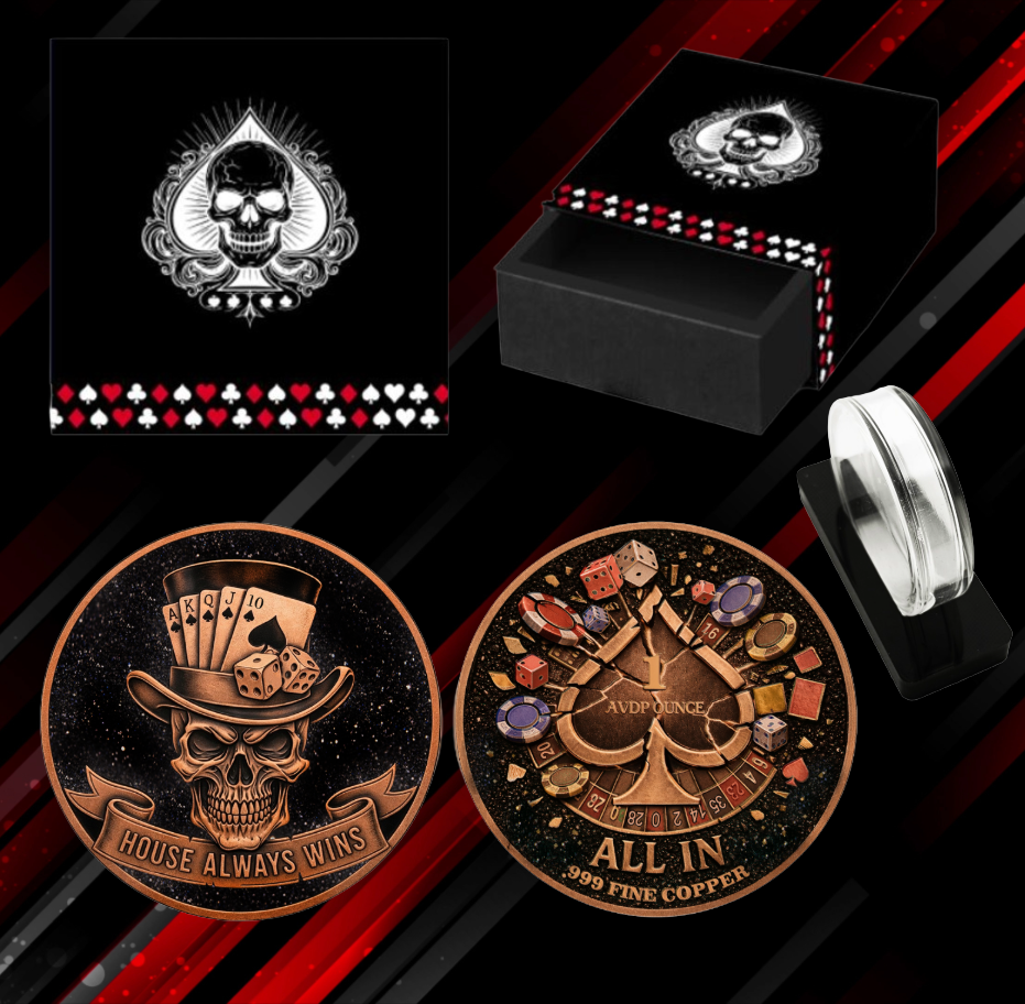 In Stock! See the back! Skull and Spades Colorized Diamond Dust 1 oz Copper Round (03/09)