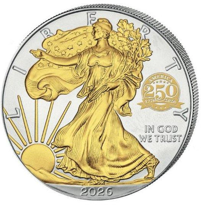 In Stock! 2026 American Silver Eagle 250th Anniversary Privy Mark GILDED 1 oz Silver Coin