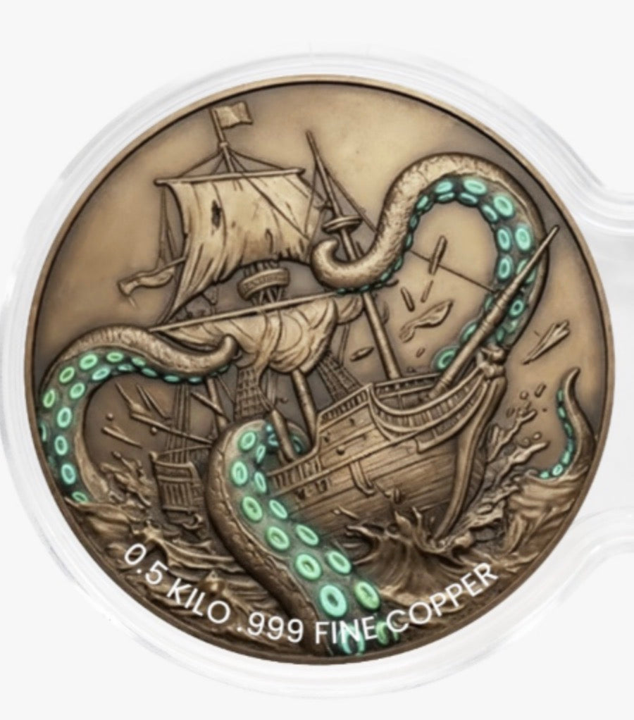 See the Back! Kraken Glow-in-the-Dark 2 x 1/2 Kilo Copper Medal Set in DuoStack Capsule (03/05)
