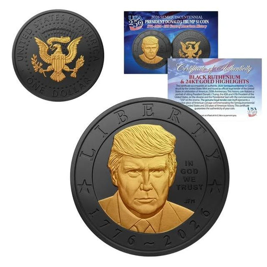 2026 President Donald J. Trump Semiquincentennial $1 Coin –  24K Gold & Black Ruthenium Highlights