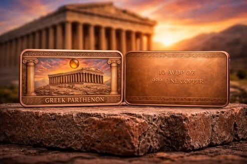 2026 Parthenon Colorized 10oz .999 Copper Bar w/CRYSTAL insert!