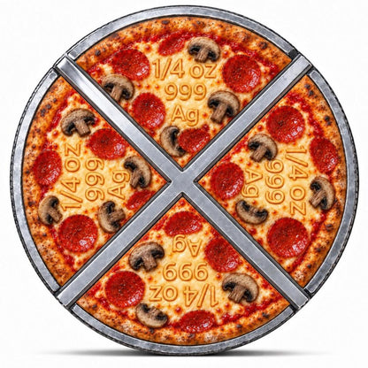 A round pizza-shaped plate or tray with four metal divider lines forming four slices, shown on a white background. The surface is printed with pepperoni, mushrooms, and melted cheese textures, with text reading '1/4 oz 999 Ag' repeated across the design.