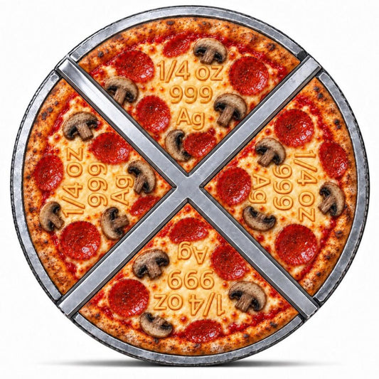 A round pizza-shaped plate or tray with four metal divider lines forming four slices, shown on a white background. The surface is printed with pepperoni, mushrooms, and melted cheese textures, with text reading '1/4 oz 999 Ag' repeated across the design.
