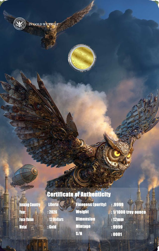 2026 Liberia Steampunk Mech Owl 1/1000 oz Gold Coin in Card (03/11)