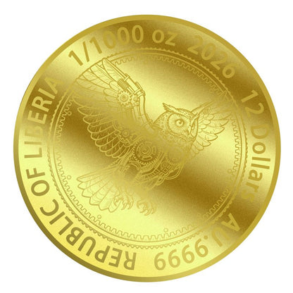 2026 Liberia Steampunk Mech Owl 1/1000 oz Gold Coin in Card (03/11)