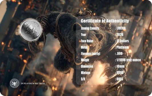 2026 Liberia Steampunk Black Bear 1/1000 oz Platinum Coin in Card (03/11)