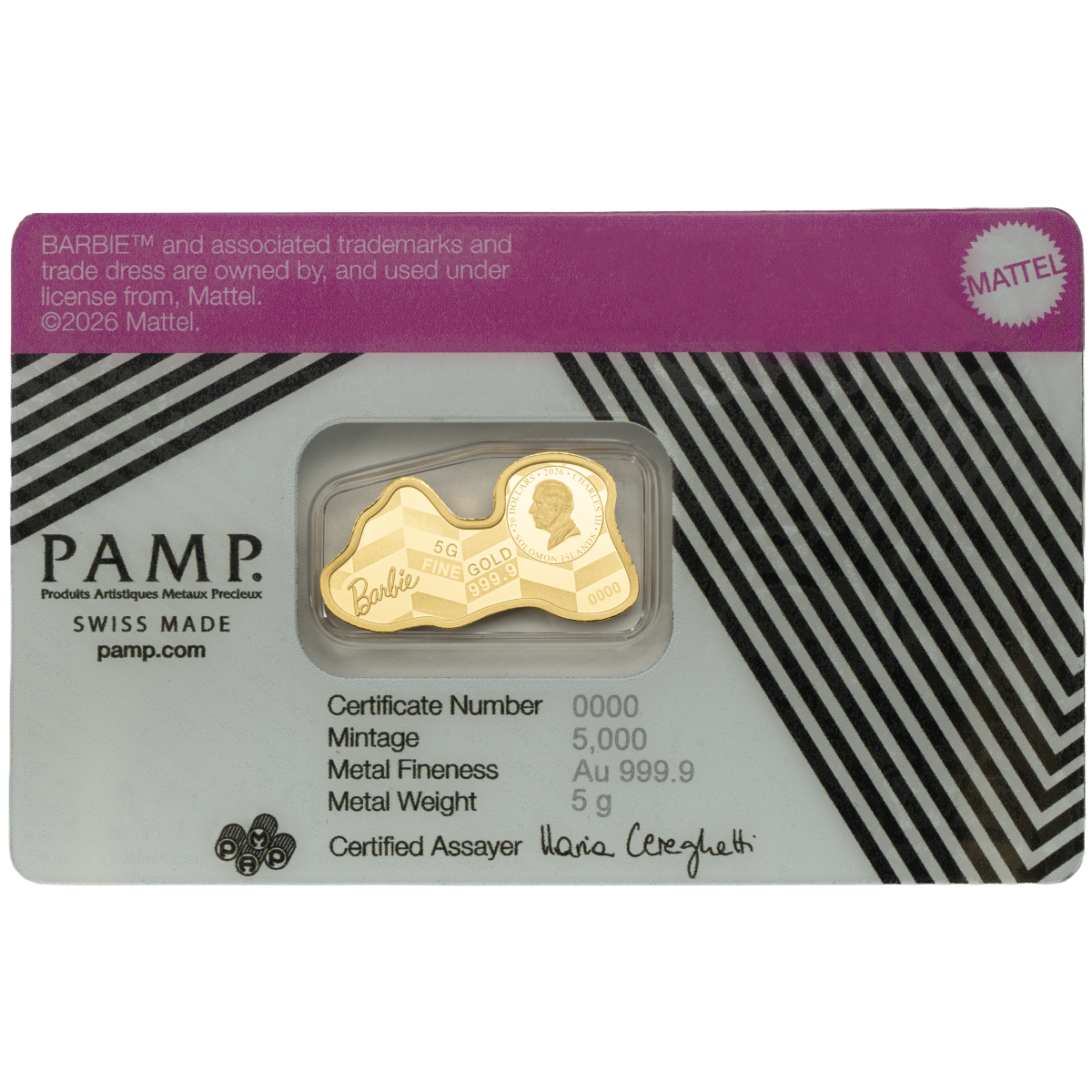 Estimate! 2026 Solomon Islands PAMP Barbie Logo 5 Gram Gold Proof-Like Coin in Assay Card