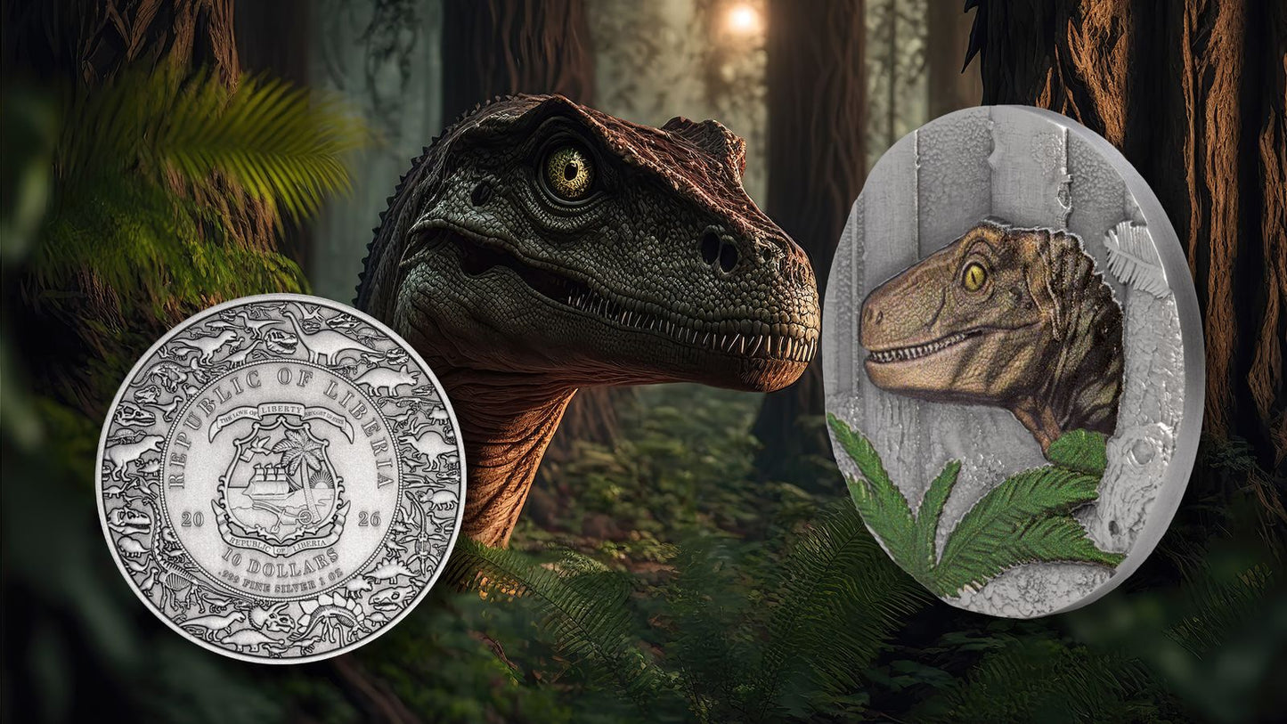 2026 Liberia Velociraptor Antiqued UHR 1 oz Silver Coin (03/23)