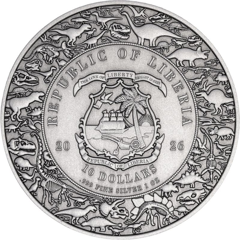 2026 Liberia Velociraptor Antiqued UHR 1 oz Silver Coin (03/23)