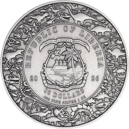 2026 Liberia Velociraptor Antiqued UHR 1 oz Silver Coin (03/23)
