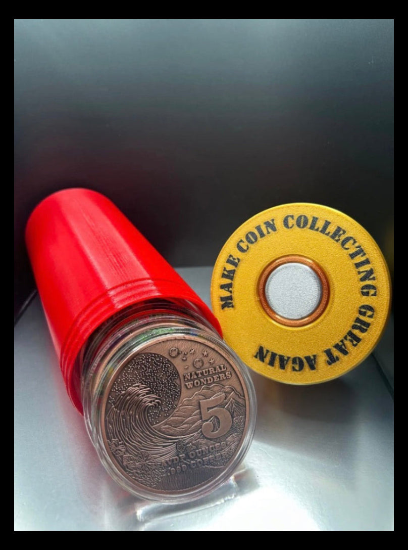 Shotgun Shell XXL - Red. Holds up to (20) 5 oz Coins or Rounds. Coin capsule tubes. Coin capsule case.