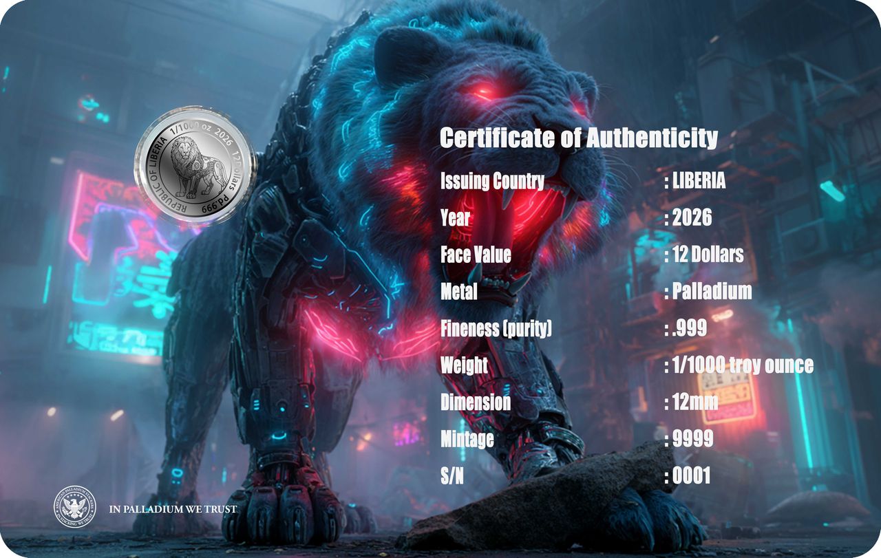 2026 Liberia Cyberpunk Lion 1/1000 oz .999 Palladium Coin in Card (9999 Mintage)