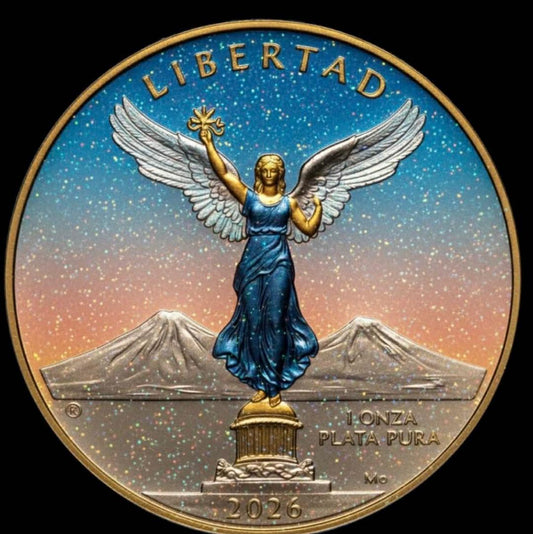 In Stock! 2026 Estados Unidos Mexicanos Libertad Angel 1 oz Silver CRYSTAL ANGEL SUNSET COLOR Medal (Mintage TBD at End of Presale)