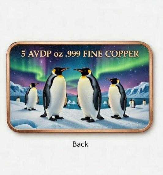 Northern Lights Penguins 5 oz Copper Colorized Art Bar (Mintage TBD At End of Presale)