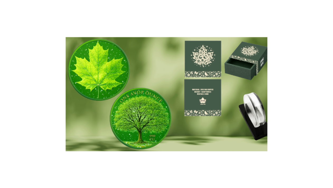 1oz Spring Maple featuring Dual Sided Diamond Dust Copper with Box/Display. Next in series!