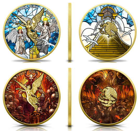 In Stock! RARE! 2023 Mexico Libertad Stained Glass Heaven & Hell Edition 2 x 1 oz Silver Coin Set