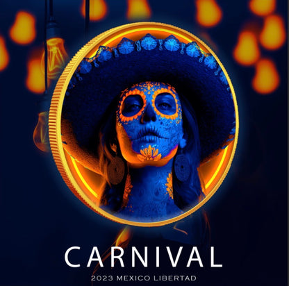 In Stock! 2023 Mexico Libertad Dia De Los Muertos "Carnival" 1 oz Colorized .999 Silver Coin