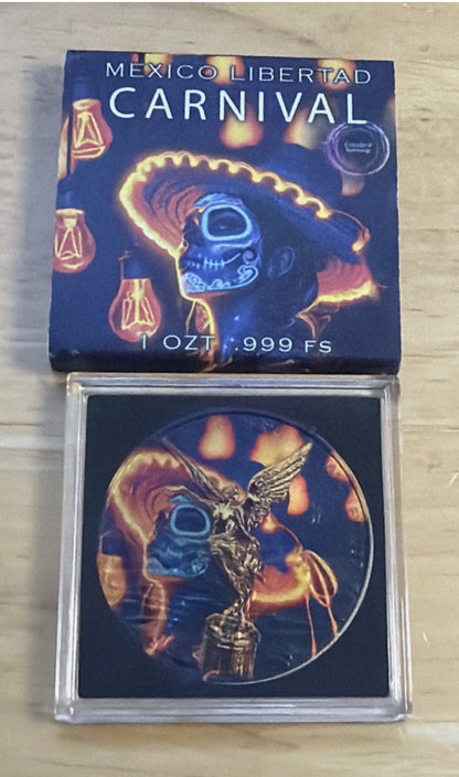 In Stock! 2023 Mexico Libertad Dia De Los Muertos "Carnival" 1 oz Colorized .999 Silver Coin
