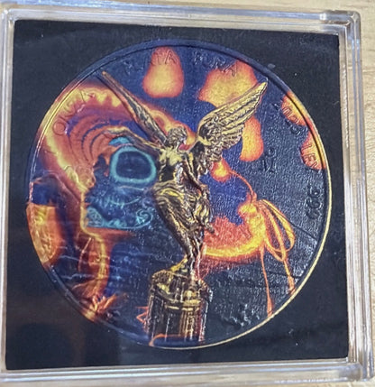 In Stock! 2023 Mexico Libertad Dia De Los Muertos "Carnival" 1 oz Colorized .999 Silver Coin