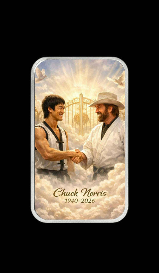 Bruce Lee & Chuck Norris in Heaven 1 oz Silver Colorized Art Bar (50 Mintage)
