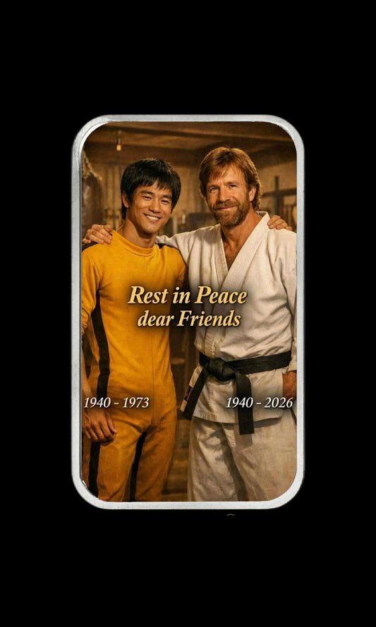 Bruce Lee 1940-1973 & Chuck Norris 1940-2026 1 oz Silver Colorized Art Bar (50 Mintage