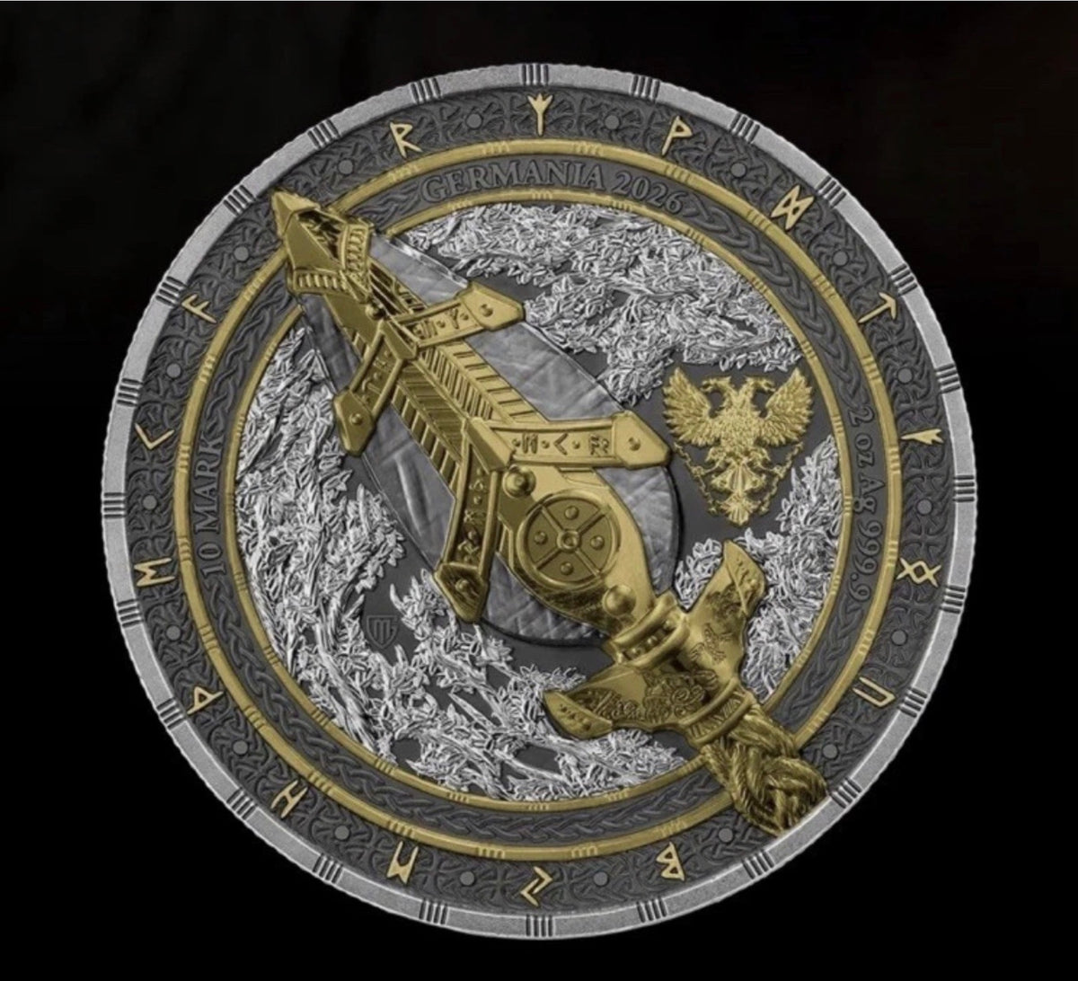 In Stock! 2026 Germania Artefacts: Gungnir 2 oz Silver BU Ultra High Relief
