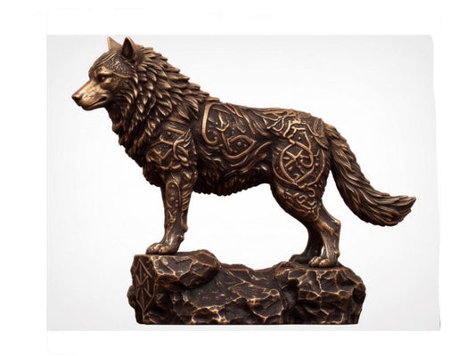 A bronze-finished sculpture of a wolf standing on a rocky base, decorated with intricate Celtic knotwork and geometric patterns across its body, shown against a plain white background.