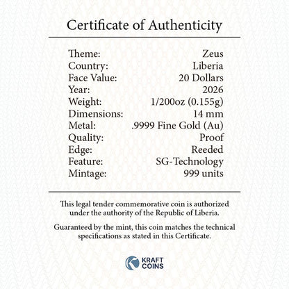 2026 Liberia Zeus Proof 1/200 oz Gold Coin (03/27)