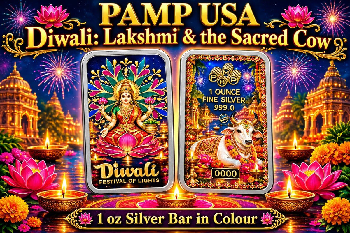 PAMP USA Diwali: Lakshmi & The Sacred Cow 1 oz Silver Bar in Colour (150 Mintage)