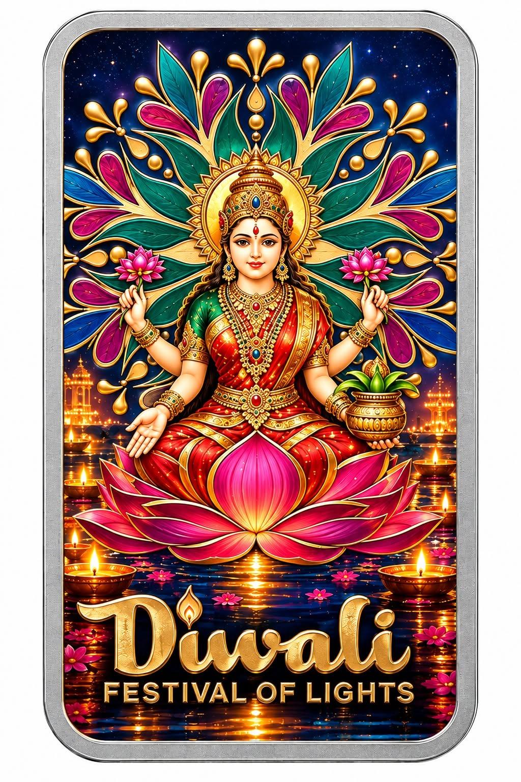 PAMP USA Diwali: Lakshmi & The Sacred Cow 1 oz Silver Bar in Colour (150 Mintage)