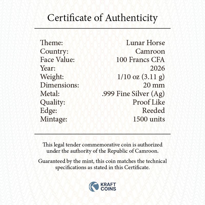 In Stock! 2026 Cameroon Lunar Horse Proof 1/10 oz Silver Coin (03/27)