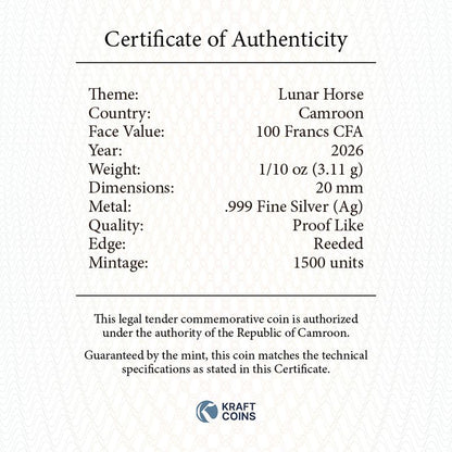 In Stock! 2026 Cameroon Lunar Horse Proof 1/10 oz Silver Coin (03/27)