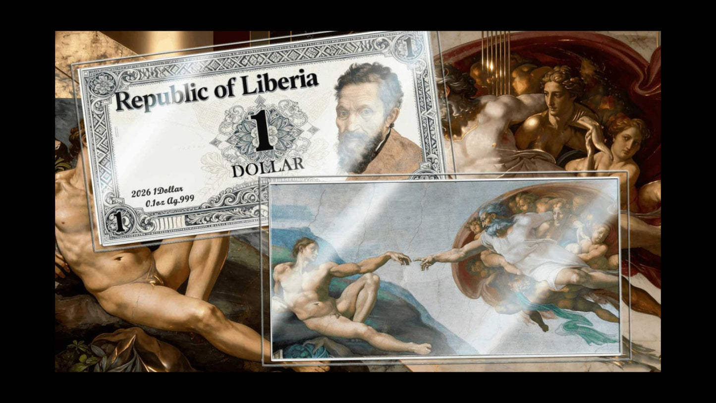 In Stock! 2026 Liberia Creation of Adam 1/10 oz Silver Foil Note. In Silver We Trust! (03/26)