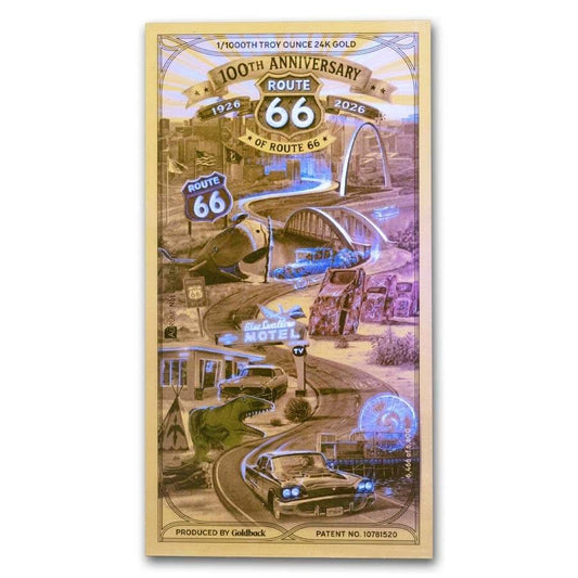 2-Day Offer: 1/1000 oz Goldback 100th Anniversary Route 66 Gold Note (Mintage TBD - Limited Production)