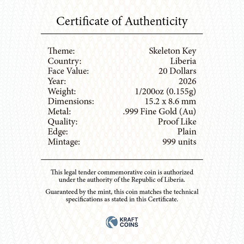 In Stock! 2026 Liberia Skeleton Key 1/200 oz Gold Coin