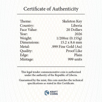 In Stock! 2026 Liberia Skeleton Key 1/200 oz Gold Coin