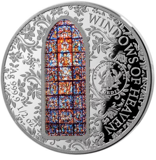 2026 Windows of Heaven 1st Release - 2026 Ghana Chartres Cathedral 1/2 Silver Proof (2026 Mintage)