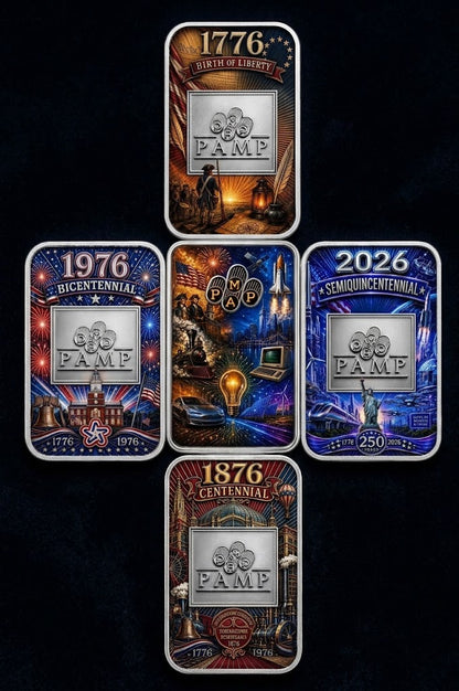 In Stock! Complete Set! PAMP USA 1776, 1876, 1976, and 2026! CENTENNIAL 1 oz Silver Bar (250 Mintage)