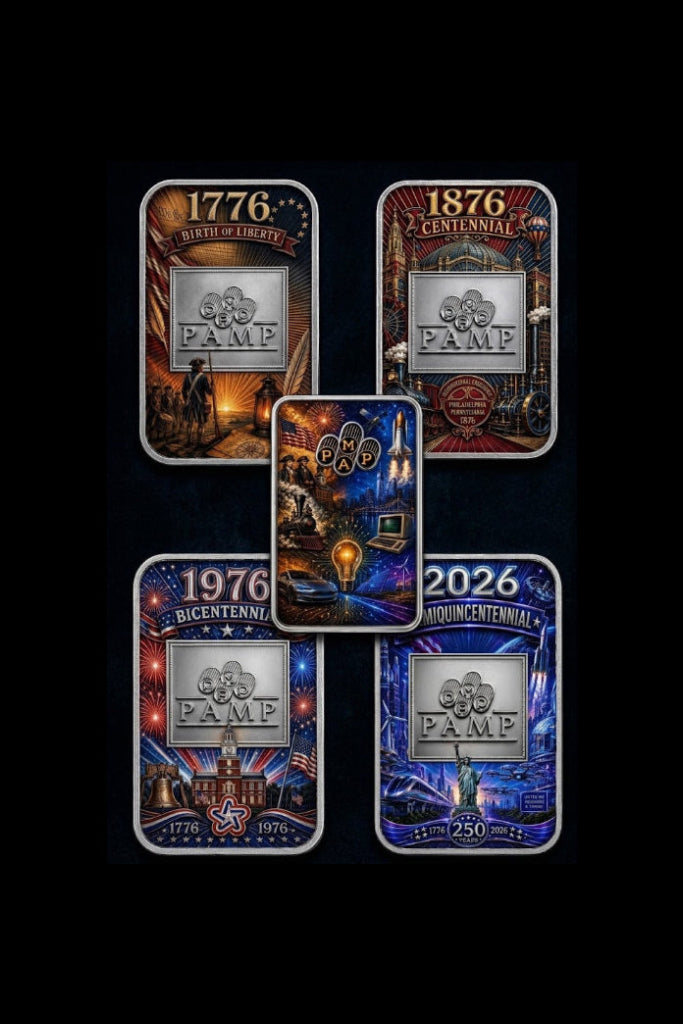 In Stock! Complete Set! PAMP USA 1776, 1876, 1976, and 2026! CENTENNIAL 1 oz Silver Bar (250 Mintage)