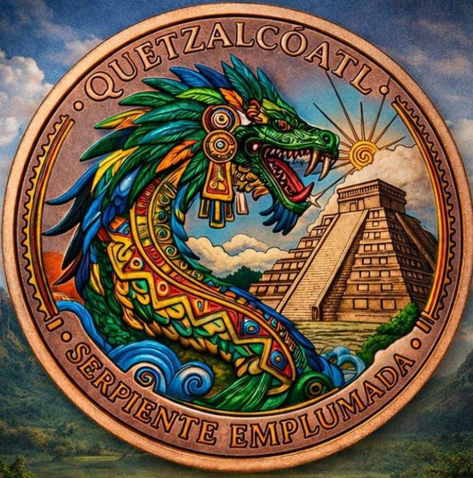 In Stock! Intaglio Mint Quetzalcoatl 1 oz Colorized Copper Art Round in Capsule (199 Mintage)