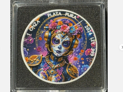 In Stock! 2024 1 Oz 999 Silver Mexico Libertad Dia De Los Muertos Steampunk Lady Colorized