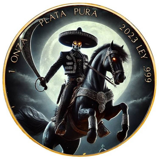 In Stock and Serial #100 0f 100! EL CHARRO NEGRO LIBERTAD 2023 1 OZ FINE SILVER 24K GOLD GILDED COLOURED COIN – MEXICO